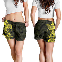 Hawaiian Manta Rays Shorts for Women Tribal Hibiscus Polynesian Tattoos Yellow Color LT03 - Polynesian Pride
