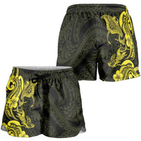 Hawaiian Manta Rays Shorts for Women Tribal Hibiscus Polynesian Tattoos Yellow Color LT03 - Polynesian Pride