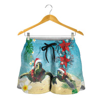Hawaiian Mele Kalikimaka Shorts for Women Xmas Turtles and Tropical Plants with Red Poinsettia Watercolor Style LT03 - Polynesian Pride