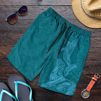 Hawaiian Monk Seal and Whale Shorts for Men Kakau Tribal Pattern Teal Color