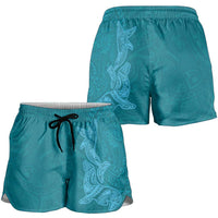 Hawaiian Monk Seal and Whale Shorts for Women Kakau Tribal Pattern Teal Color