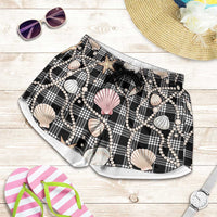 Hawaiian Ocean Seashells Shorts for Women Black Palaka Pattern