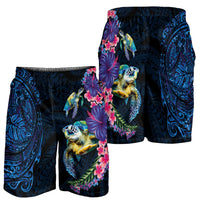 Hawaiian Plumeria and Hibiscus with Turtles Shorts for Men Polynesian Art Dark Cyan Color LT03 - Polynesian Pride