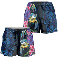 Hawaiian Plumeria and Hibiscus with Turtles Shorts for Women Polynesian Art Dark Cyan Color LT03 - Polynesian Pride