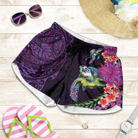 Hawaiian Plumeria and Hibiscus with Turtles Shorts for Women Polynesian Art Purple Color LT03 Purple - Polynesian Pride