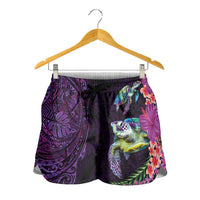 Hawaiian Plumeria and Hibiscus with Turtles Shorts for Women Polynesian Art Purple Color LT03 - Polynesian Pride