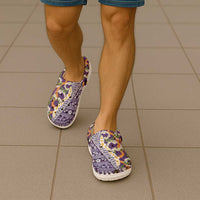 Hawaiian Plumeria Lei Clogs Shoes Kakau Motifs and Palaka Half Style Purple Color LT03 - Polynesian Pride