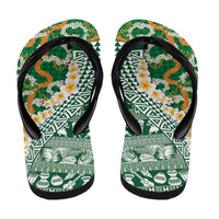 Hawaiian Plumeria Lei Flip Flops Kakau Motifs and Palaka Half Style Green Color LT03 - Polynesian Pride