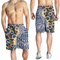 Hawaiian Plumeria Lei Shorts for Men Kakau Motifs and Palaka Half Style Blue Color LT03 - Polynesian Pride