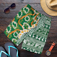 Hawaiian Plumeria Lei Shorts for Men Kakau Motifs and Palaka Half Style Green Color LT03 Green - Polynesian Pride