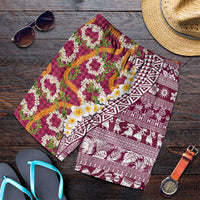 Hawaiian Plumeria Lei Shorts for Men Kakau Motifs and Palaka Half Style Pink Color LT03 Pink - Polynesian Pride