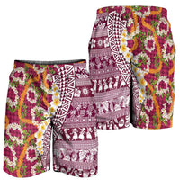 Hawaiian Plumeria Lei Shorts for Men Kakau Motifs and Palaka Half Style Pink Color LT03 - Polynesian Pride