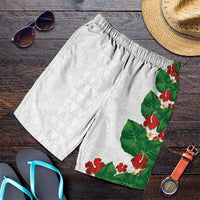 Hawaiian Taro Leaves-Hibiscus and Plumeria Shorts for Men Polynesian Art-Kakau Tattoo White LT03 White - Polynesian Pride