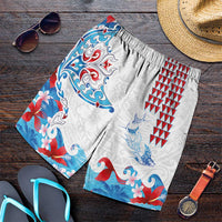 Hawaiian Tribal Manta Ray Shorts for Men Kakau Tattoo and Flowers Surfing Waves Pattern Ocean Color LT03 Multicolor - Polynesian Pride