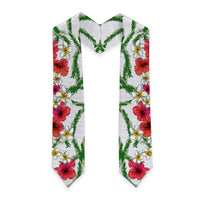 Hawaiian Tropical Flowers and Maile Pikake Graduation Stole Polynesian Tribal Pattern White Color