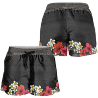 Hawaiian Tropical Flowers and Tribal Polynesian Tattoo Shorts for Women Black Color LT03 - Polynesian Pride