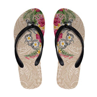 Hawaiian Tropical Flowers and Tribal Turtles Flip Flops Polynesian Art Motifs Beige Color LT03 Beige - Polynesian Pride