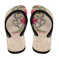 Hawaiian Tropical Flowers and Tribal Turtles Flip Flops Polynesian Art Motifs Beige Color LT03 - Polynesian Pride