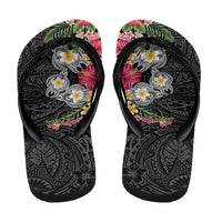 Hawaiian Tropical Flowers and Tribal Turtles Flip Flops Polynesian Art Motifs Black Color LT03 - Polynesian Pride