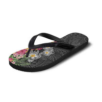 Hawaiian Tropical Flowers and Tribal Turtles Flip Flops Polynesian Art Motifs Black Color LT03 - Polynesian Pride