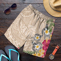 Hawaiian Tropical Flowers and Tribal Turtles Shorts for Men Polynesian Art Motifs Beige Color LT03 Beige - Polynesian Pride