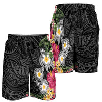 Hawaiian Tropical Flowers and Tribal Turtles Shorts for Men Polynesian Art Motifs Black Color LT03 - Polynesian Pride