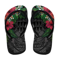 Hawaiian Tropical Plants Flip Flops Kakau Tattoo and Polynesian Pattern Half Black Color