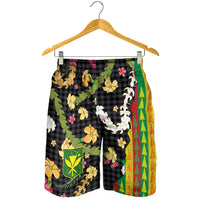 Hawaiian Tropical Plants Lei Shorts for Men with Palaka Pattern and Kanaka Maoli Tribal Motifs LT03 - Polynesian Pride