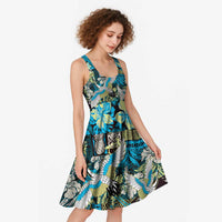 Japanese Hawaiian Crane Midi Dress Blue Tapa Patchwork Pattern