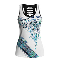 Kahui Whetu Paua Shell Kowhaiwhai Taniko Personalised Hollow Tank Top Manta Ray Shark-Turtle Maori Tribal Style LT9 Female Blue - Polynesian Pride
