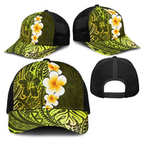 Lime Green Polynesia Mesh Trucker Cap Plumeria Tropical Leaves With Galaxy Polynesian Art - Polynesian Pride