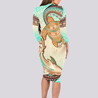 Hawaii Couples Matching Long Sleeve Bodycon Dress And Hawaiian Shirt Polynesian Shark And Sea Turtle Dreamy Turquoise LT14 - Polynesian Pride