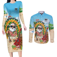 Personalized Hawaii Golf Christmas Couples Matching Long Sleeve Bodycon Dress and Long Sleeve Button Shirt Mele Kalikimaka Funny Golfer Santa LT01 Blue - Polynesian Pride