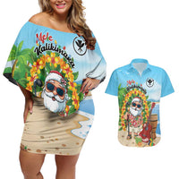 Personalized Hawaii Golf Christmas Couples Matching Off Shoulder Short Dress and Hawaiian Shirt Mele Kalikimaka Funny Golfer Santa LT01 Blue - Polynesian Pride