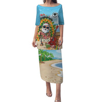 Personalized Hawaii Golf Christmas Family Matching Puletasi and Hawaiian Shirt Mele Kalikimaka Funny Golfer Santa LT01 Mom's Dress Blue - Polynesian Pride