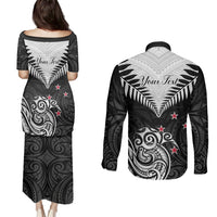 Personalised New Zealand Couples Matching Puletasi Dress and Long Sleeve Button Shirts Aotearoa Maori Kiwi Black Fern LT01 - Polynesian Pride
