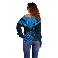 Personalised New Zealand Off Shoulder Sweater Aotearoa Blue Maori Kiwi Blue Fern LT01 - Polynesian Pride