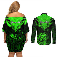 Personalised New Zealand Couples Matching Off Shoulder Short Dress and Long Sleeve Button Shirts Aotearoa Maori Kiwi Green Fern LT01 - Polynesian Pride