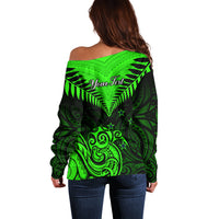 Personalised New Zealand Off Shoulder Sweater Aotearoa Maori Kiwi Green Fern LT01 - Polynesian Pride