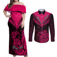 Personalised Aotearoa Couples Matching Off Shoulder Maxi Dress and Long Sleeve Button Shirts Maori Kiwi Pink Fern LT01 Pink - Polynesian Pride