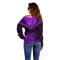 Personalised Aotearoa Off Shoulder Sweater Maori Kiwi Purple Fern LT01 - Polynesian Pride