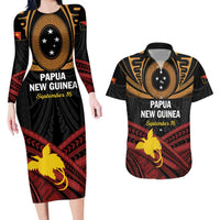 Papua New Guinea Bird of Paradise Couples Matching Long Sleeve Bodycon Dress and Hawaiian Shirt 16 September 1975 Independence Day Anniversary LT01 Black - Polynesian Pride