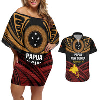 Papua New Guinea Bird of Paradise Couples Matching Off Shoulder Short Dress and Hawaiian Shirt 16 September 1975 Independence Day Anniversary LT01 Black - Polynesian Pride