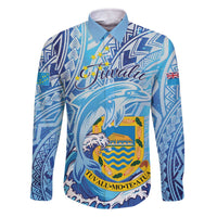 Tuvalu mo te Atua Family Matching Off The Shoulder Long Sleeve Dress and Hawaiian Shirt Tuvalu Dolphin Polynesian Pattern LT01 Dad's Shirt - Long Sleeve Blue - Polynesian Pride