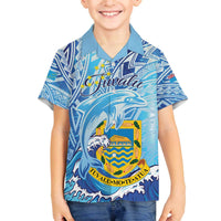 Tuvalu mo te Atua Family Matching Off The Shoulder Long Sleeve Dress and Hawaiian Shirt Tuvalu Dolphin Polynesian Pattern LT01 Son's Shirt Blue - Polynesian Pride