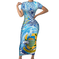 Tuvalu mo te Atua Family Matching Short Sleeve Bodycon Dress and Hawaiian Shirt Tuvalu Dolphin Polynesian Pattern LT01 Mom's Dress Blue - Polynesian Pride