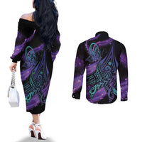 In September We Wear Teal And Purple Couples Matching Off The Shoulder Long Sleeve Dress and Long Sleeve Button Shirt Magic Ribbon Semicolon LT01 - Polynesian Pride