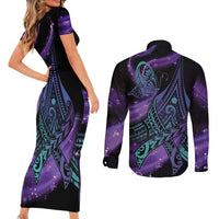 In September We Wear Teal And Purple Couples Matching Short Sleeve Bodycon Dress and Long Sleeve Button Shirt Magic Ribbon Semicolon LT01 - Polynesian Pride