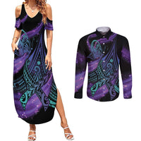 In September We Wear Teal And Purple Couples Matching Summer Maxi Dress and Long Sleeve Button Shirt Magic Ribbon Semicolon LT01 Purple - Polynesian Pride