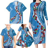 Fiji Tagimaucia Floral Family Matching Long Sleeve Bodycon Dress and Hawaiian Shirt Tapa Pattern LT01 - Polynesian Pride